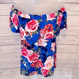Rose + Olive Blue Floral Print Off the Shoulder Blouse Shirt Top Size Medium